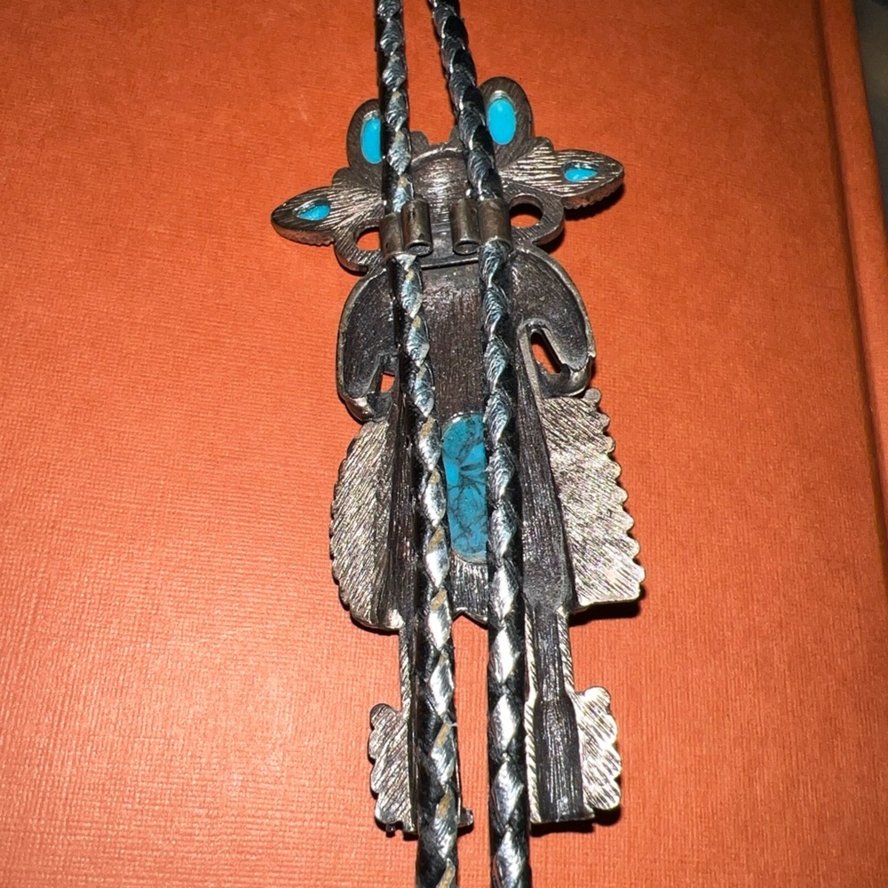 Vintage kachina Turquoise & Silver tone black braid Bolo Tie Necklace - Picture 5 of 8
